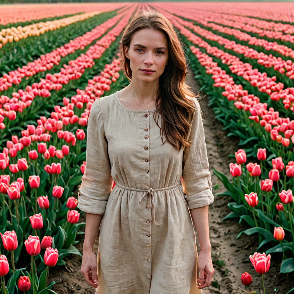 a woman photographer in a simple linen dress, standing in a tulip field in the netherlands, soft cinematic lighting, detailed — image 12