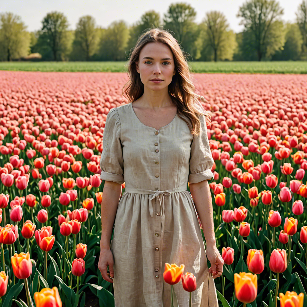 a woman photographer in a simple linen dress, standing in a tulip field in the netherlands, soft cinematic lighting, detailed — image 13