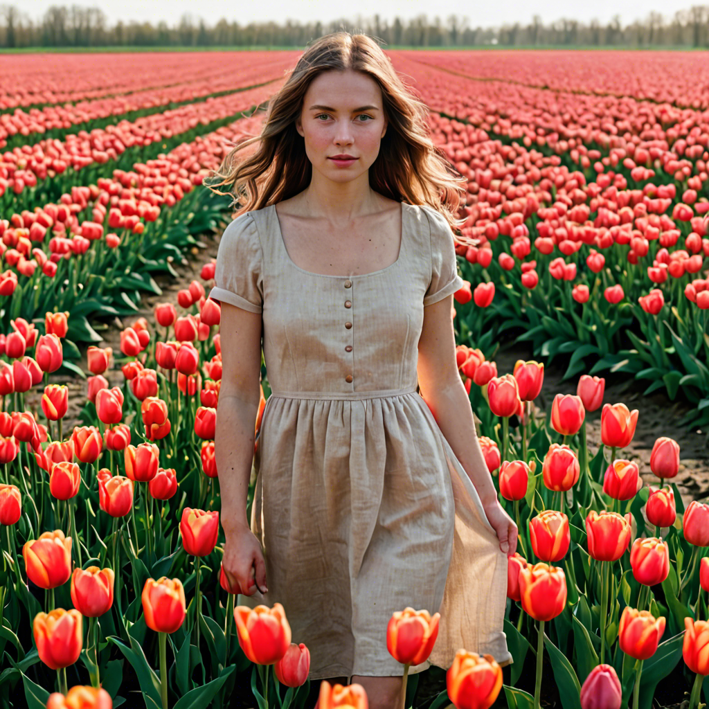 a woman photographer in a simple linen dress, standing in a tulip field in the netherlands, soft cinematic lighting, detailed — image 14