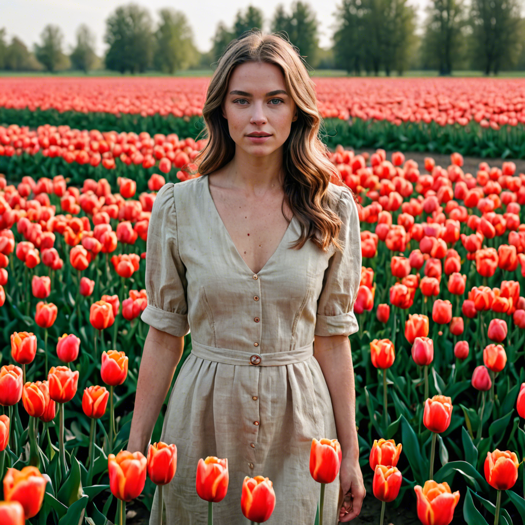 a woman photographer in a simple linen dress, standing in a tulip field in the netherlands, soft cinematic lighting, detailed — image 15