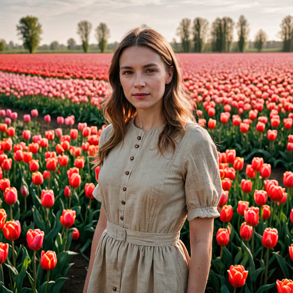 a woman photographer in a simple linen dress, standing in a tulip field in the netherlands, soft cinematic lighting, detailed — image 16