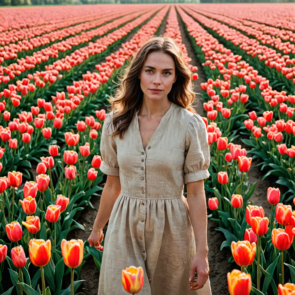 a woman photographer in a simple linen dress, standing in a tulip field in the netherlands, soft cinematic lighting, detailed — image 17