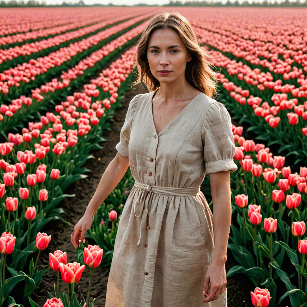 a woman photographer in a simple linen dress, standing in a tulip field in the netherlands, soft cinematic lighting, detailed — image 18