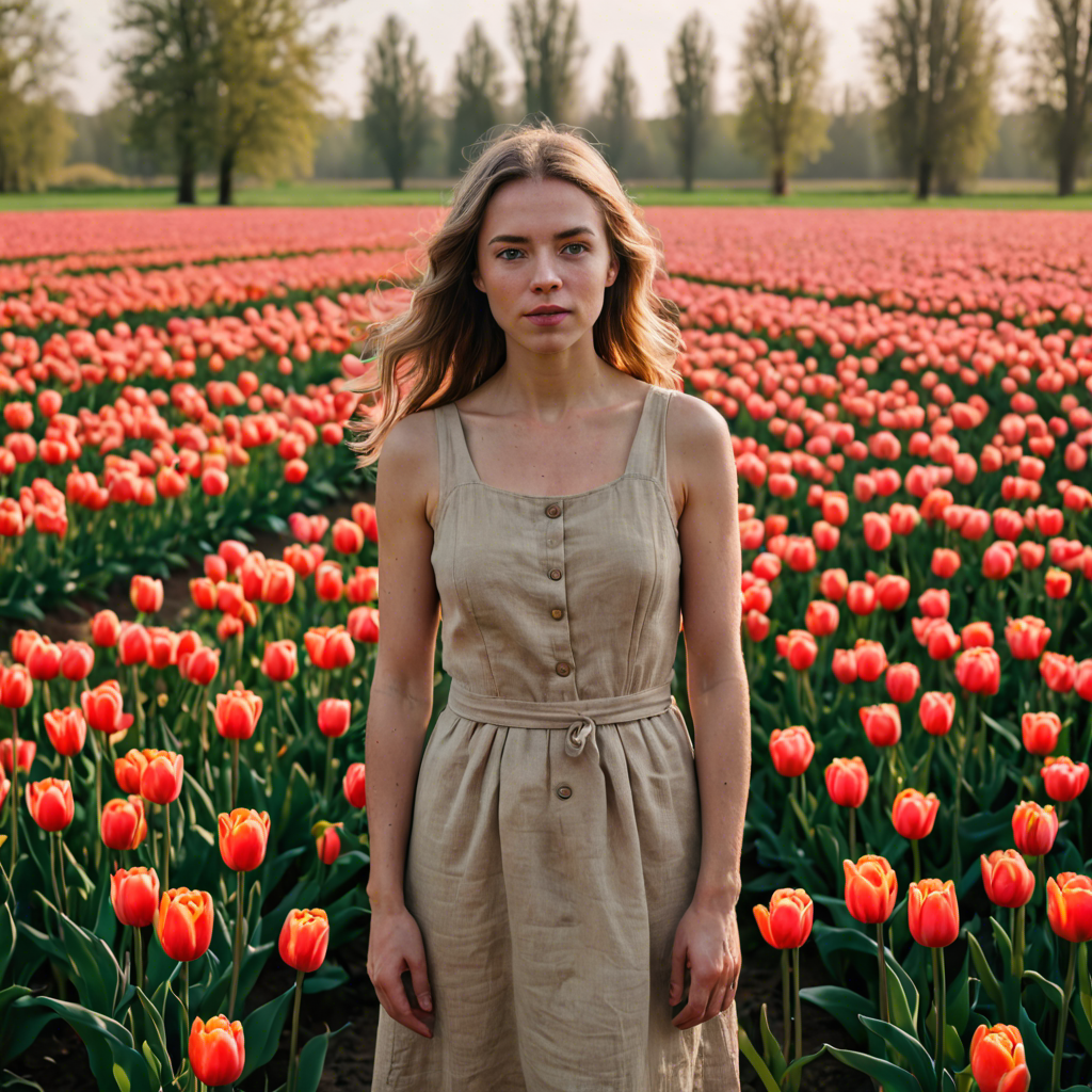 a woman photographer in a simple linen dress, standing in a tulip field in the netherlands, soft cinematic lighting, detailed — image 19