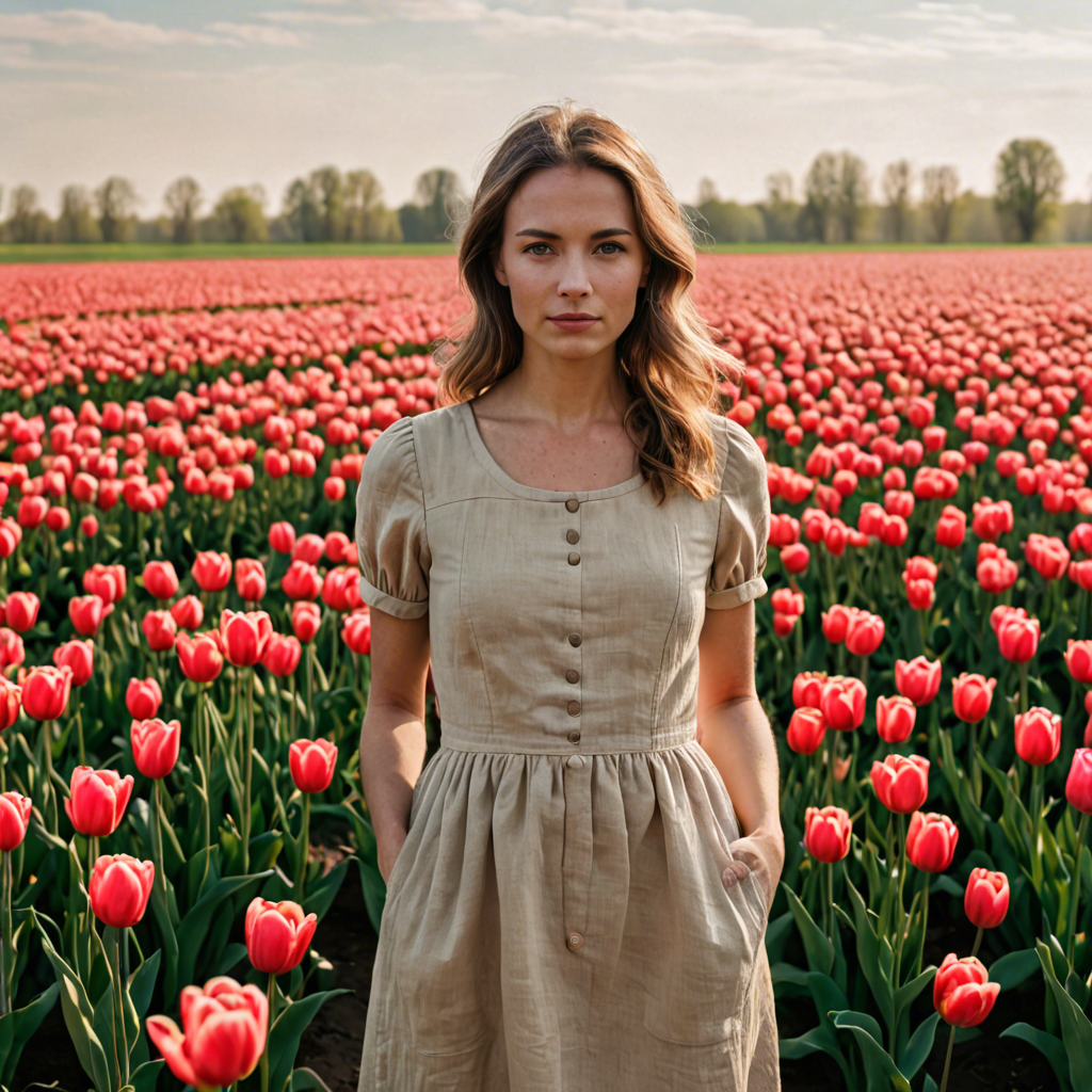 a woman photographer in a simple linen dress, standing in a tulip field in the netherlands, soft cinematic lighting, detailed — image 20