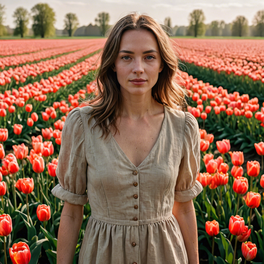 a woman photographer in a simple linen dress, standing in a tulip field in the netherlands, soft cinematic lighting, detailed — image 21