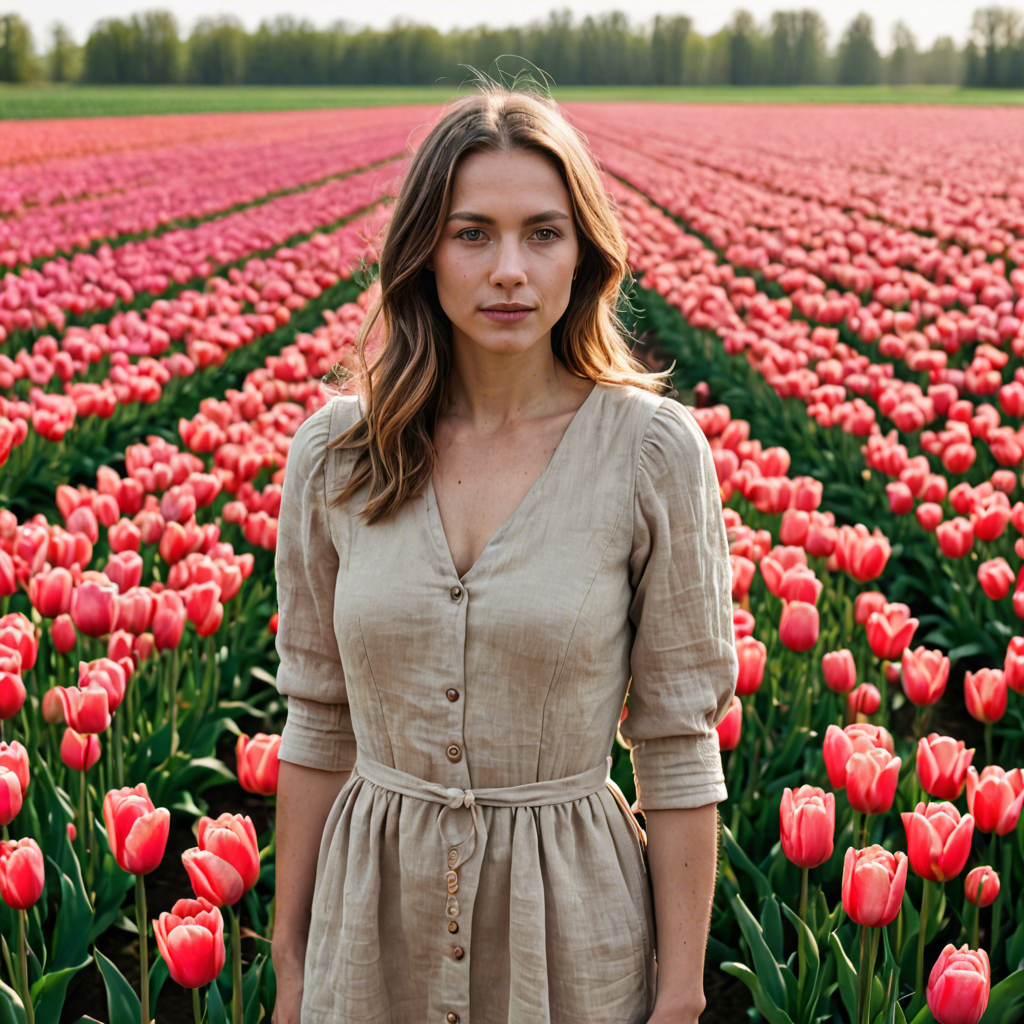a woman photographer in a simple linen dress, standing in a tulip field in the netherlands, soft cinematic lighting, detailed — image 22