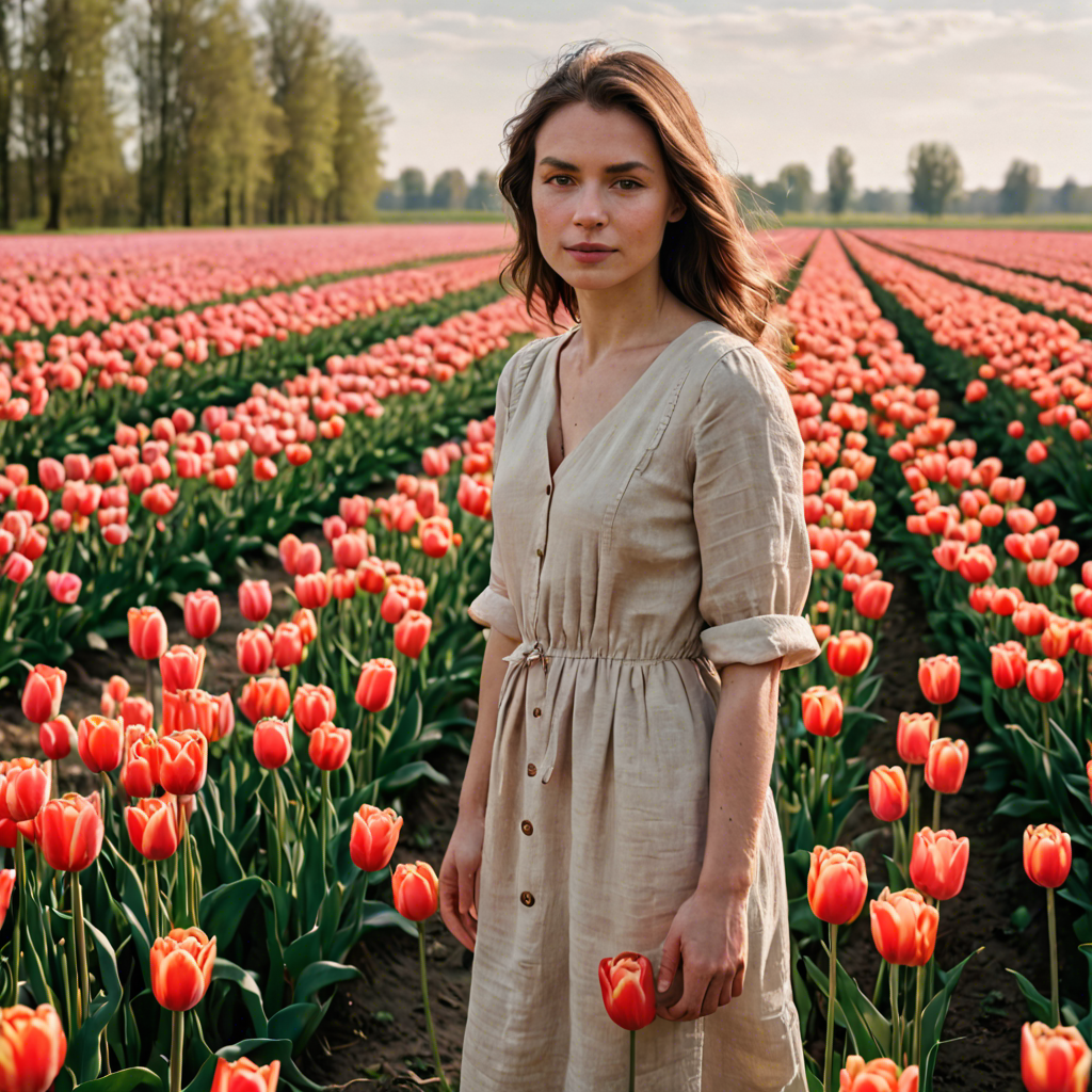a woman photographer in a simple linen dress, standing in a tulip field in the netherlands, soft cinematic lighting, detailed — image 23