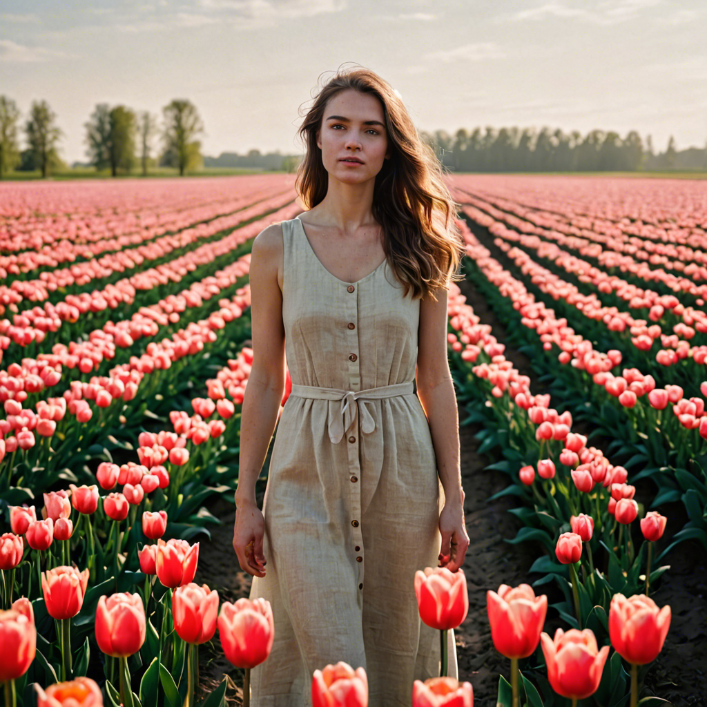 a woman photographer in a simple linen dress, standing in a tulip field in the netherlands, soft cinematic lighting, detailed — image 24