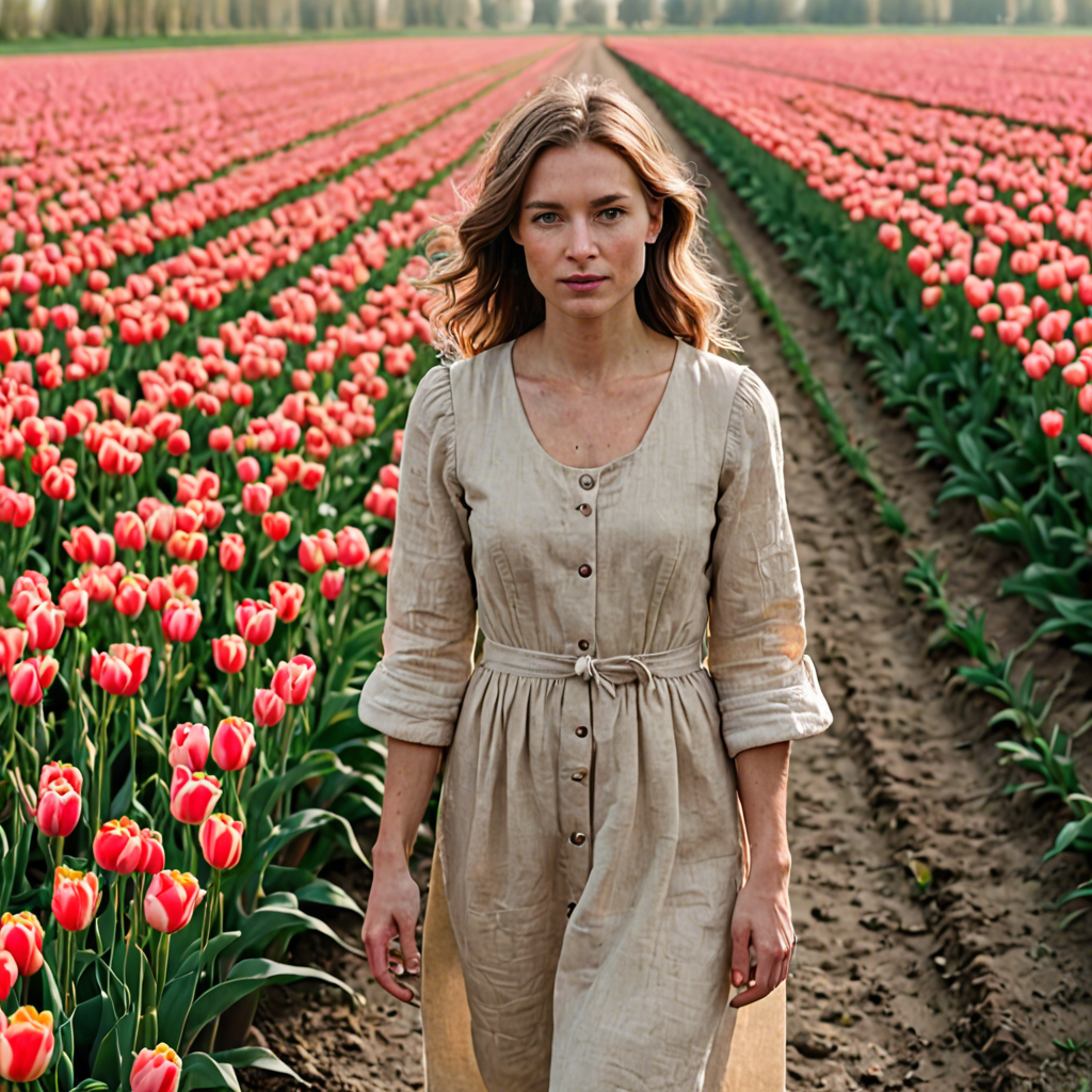 a woman photographer in a simple linen dress, standing in a tulip field in the netherlands, soft cinematic lighting, detailed — image 25