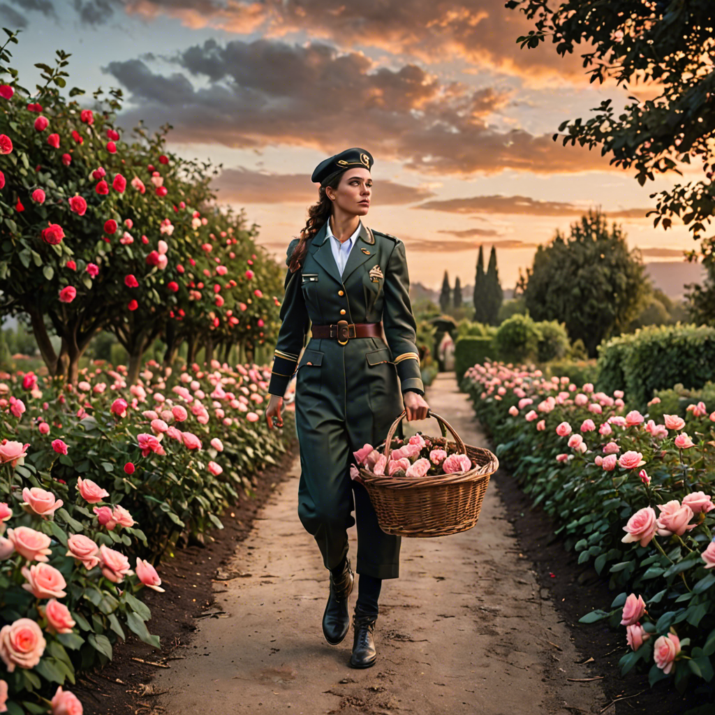 a woman pilot carrying a woven basket, walking through a rose garden at dawn, dramatic sky, detailed — image 1