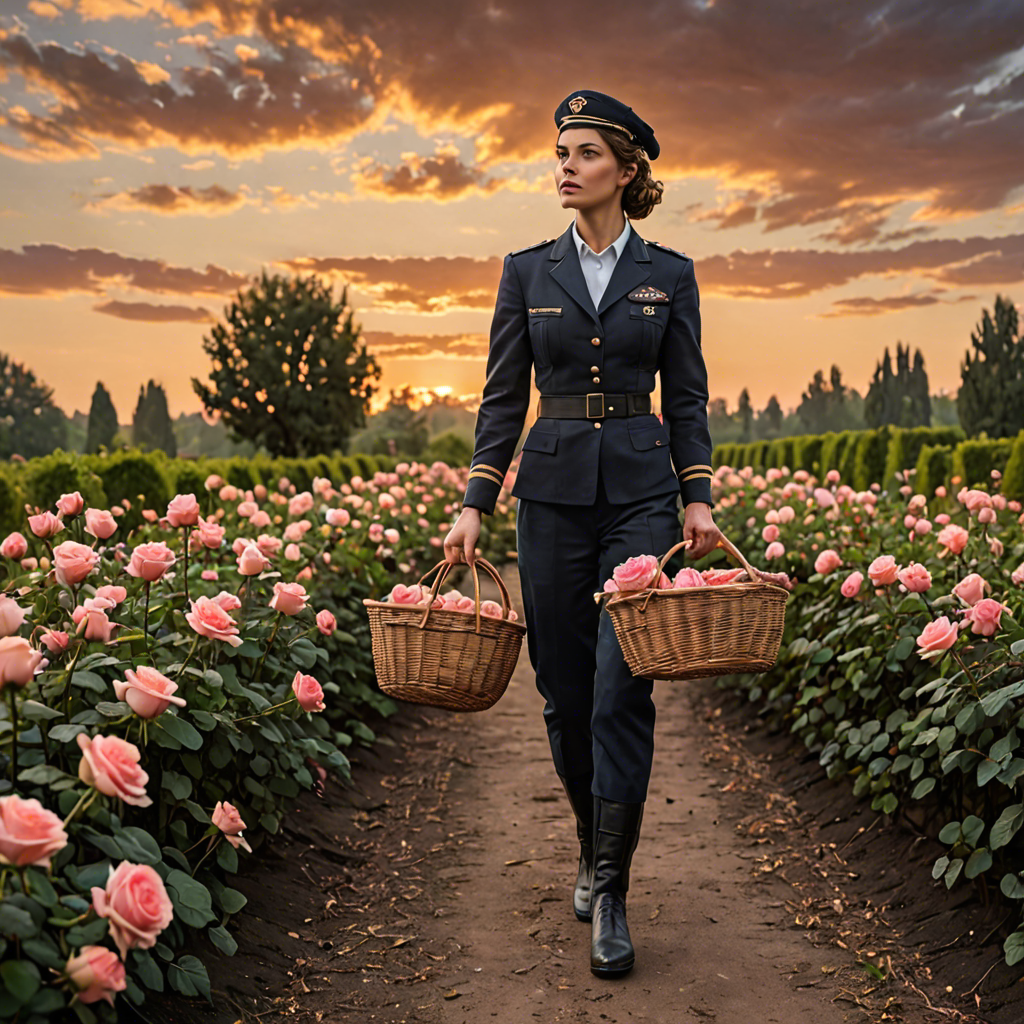 a woman pilot carrying a woven basket, walking through a rose garden at dawn, dramatic sky, detailed — image 2