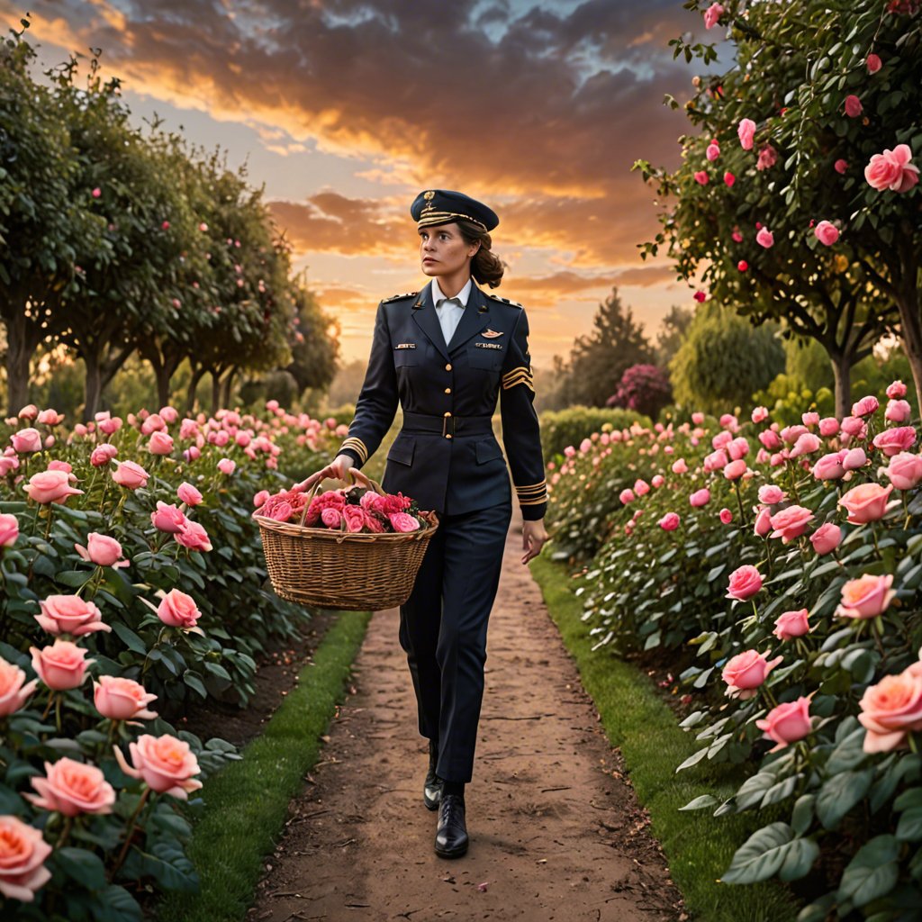a woman pilot carrying a woven basket, walking through a rose garden at dawn, dramatic sky, detailed — image 3