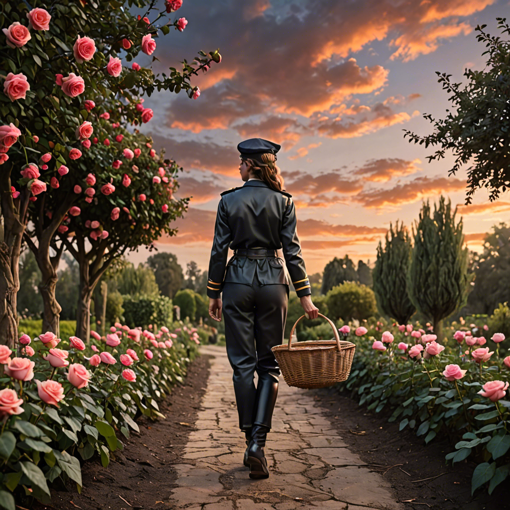a woman pilot carrying a woven basket, walking through a rose garden at dawn, dramatic sky, detailed — image 4
