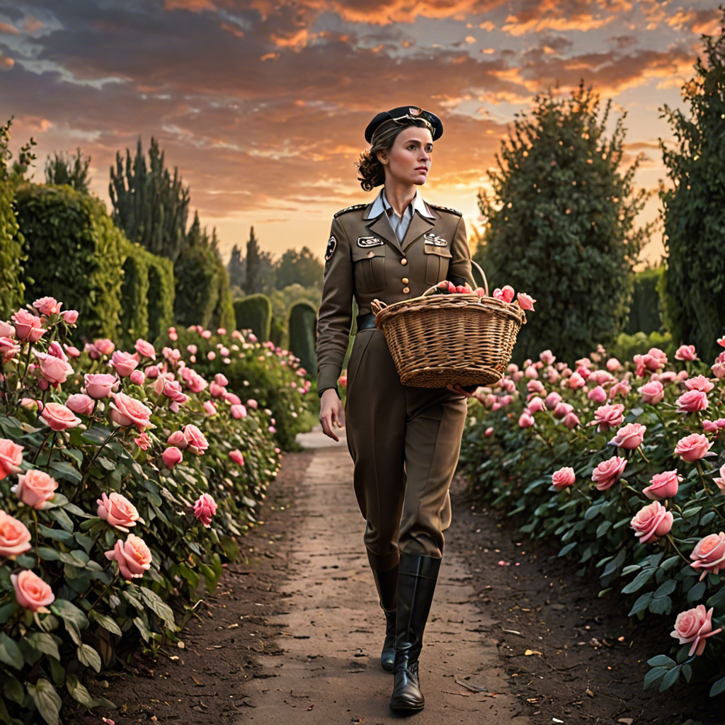 a woman pilot carrying a woven basket, walking through a rose garden at dawn, dramatic sky, detailed — image 5