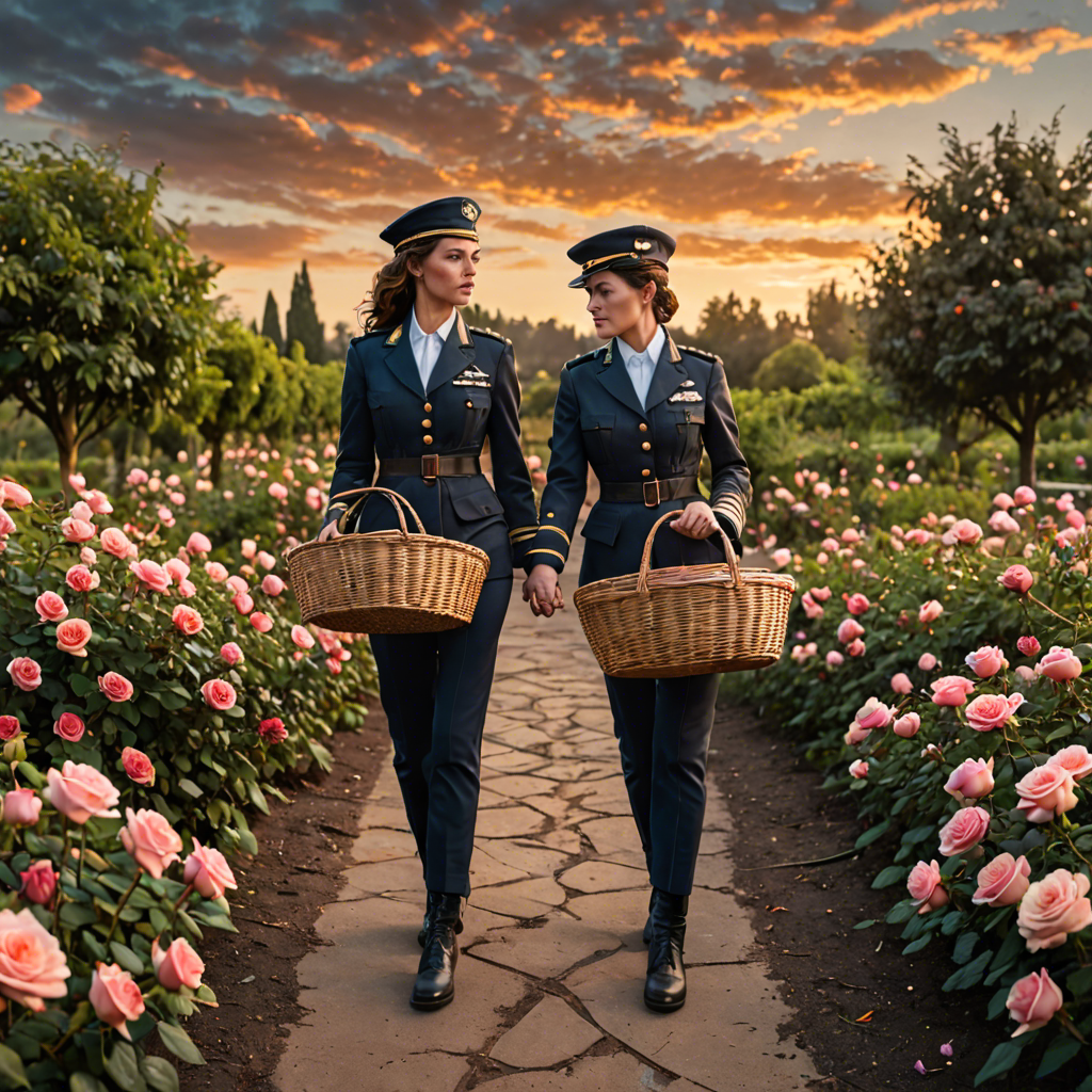 a woman pilot carrying a woven basket, walking through a rose garden at dawn, dramatic sky, detailed — image 6