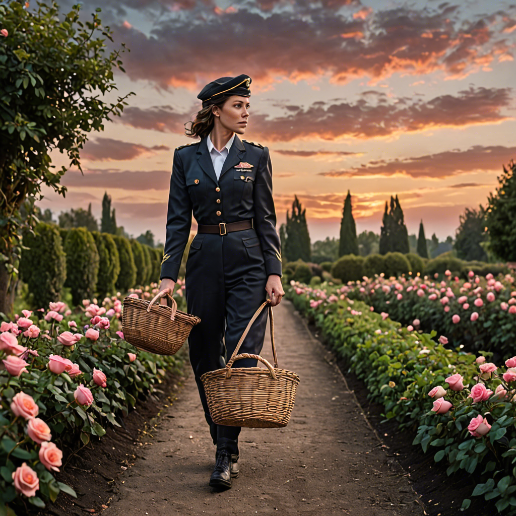a woman pilot carrying a woven basket, walking through a rose garden at dawn, dramatic sky, detailed — image 7