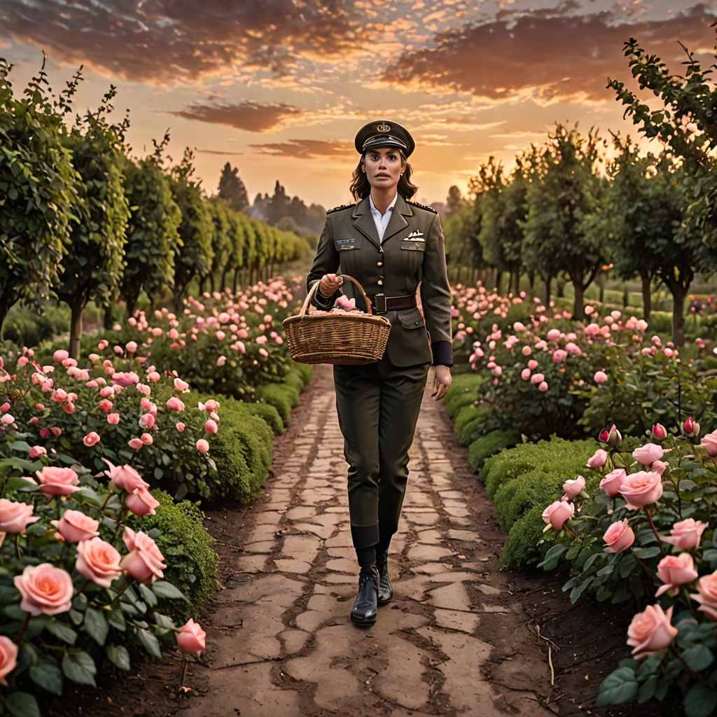 a woman pilot carrying a woven basket, walking through a rose garden at dawn, dramatic sky, detailed — image 8