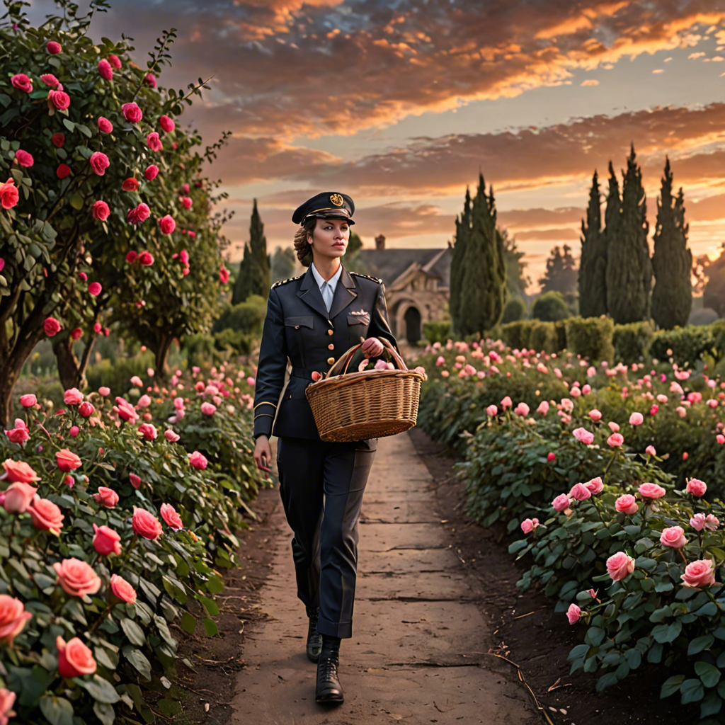 a woman pilot carrying a woven basket, walking through a rose garden at dawn, dramatic sky, detailed — image 9