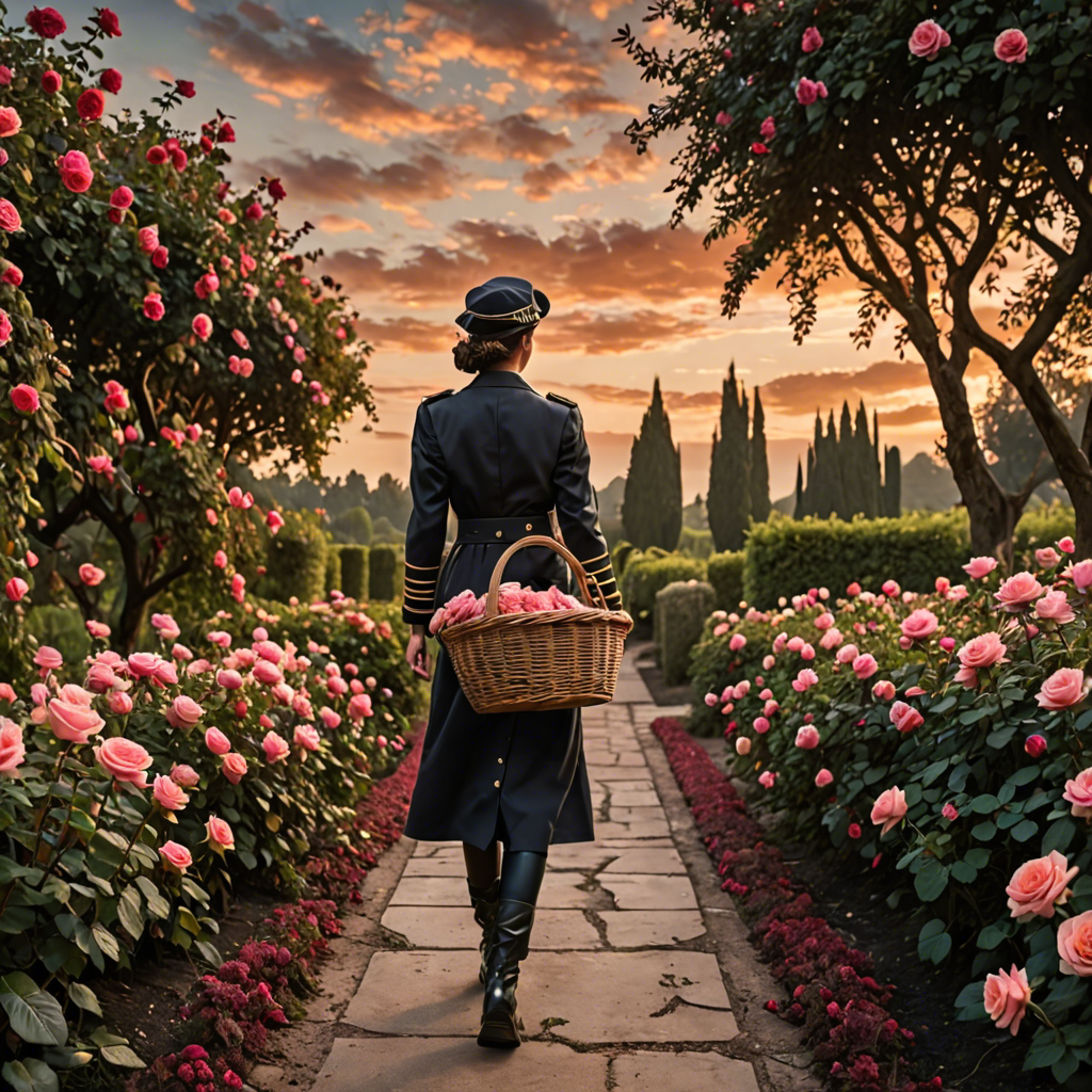 a woman pilot carrying a woven basket, walking through a rose garden at dawn, dramatic sky, detailed — image 10