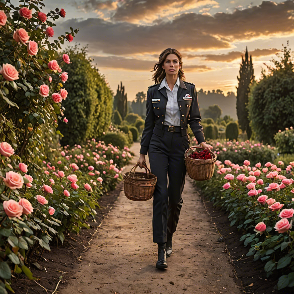 a woman pilot carrying a woven basket, walking through a rose garden at dawn, dramatic sky, detailed — image 11