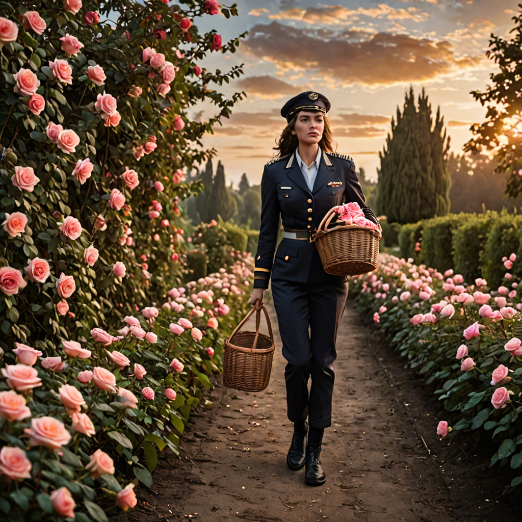 a woman pilot carrying a woven basket, walking through a rose garden at dawn, dramatic sky, detailed — image 12