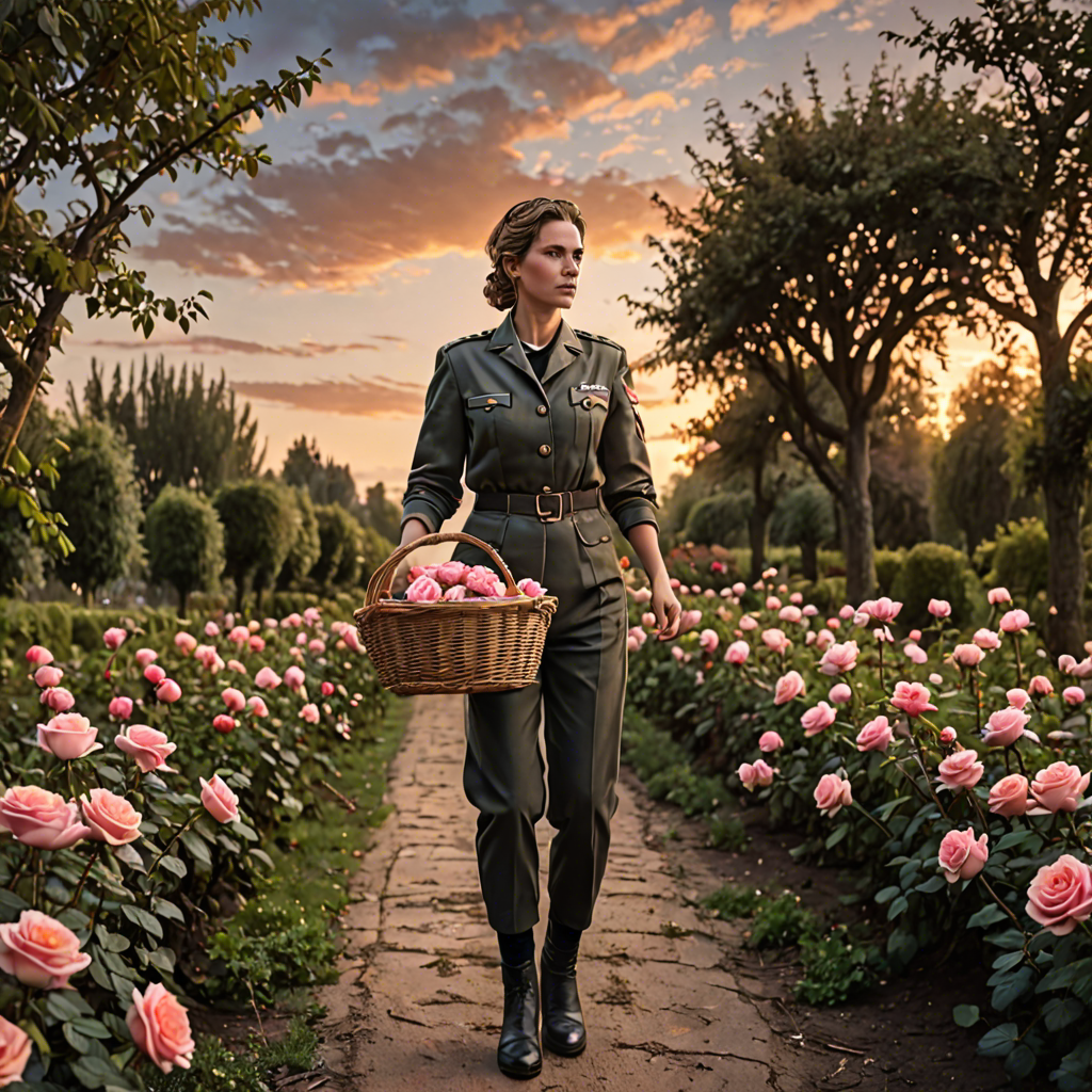 a woman pilot carrying a woven basket, walking through a rose garden at dawn, dramatic sky, detailed — image 13