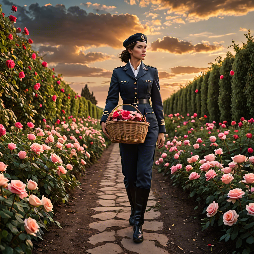 a woman pilot carrying a woven basket, walking through a rose garden at dawn, dramatic sky, detailed — image 14