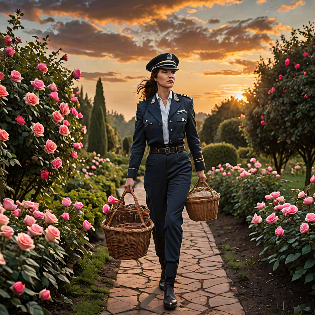 a woman pilot carrying a woven basket, walking through a rose garden at dawn, dramatic sky, detailed — image 15