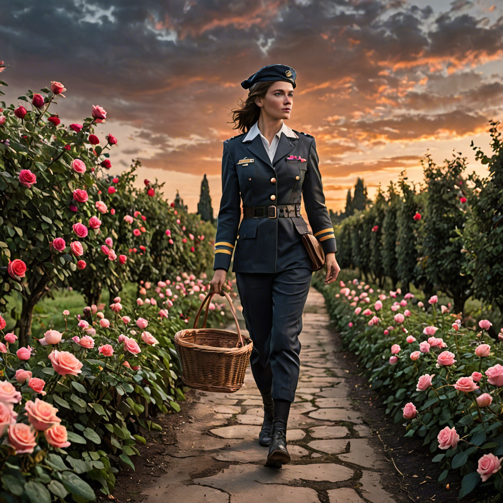 a woman pilot carrying a woven basket, walking through a rose garden at dawn, dramatic sky, detailed — image 16