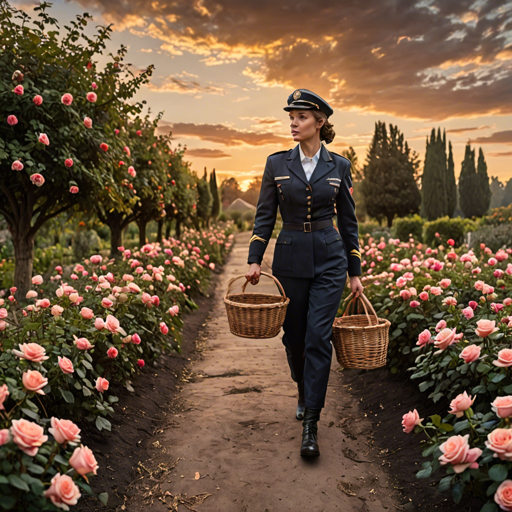 a woman pilot carrying a woven basket, walking through a rose garden at dawn, dramatic sky, detailed — image 17