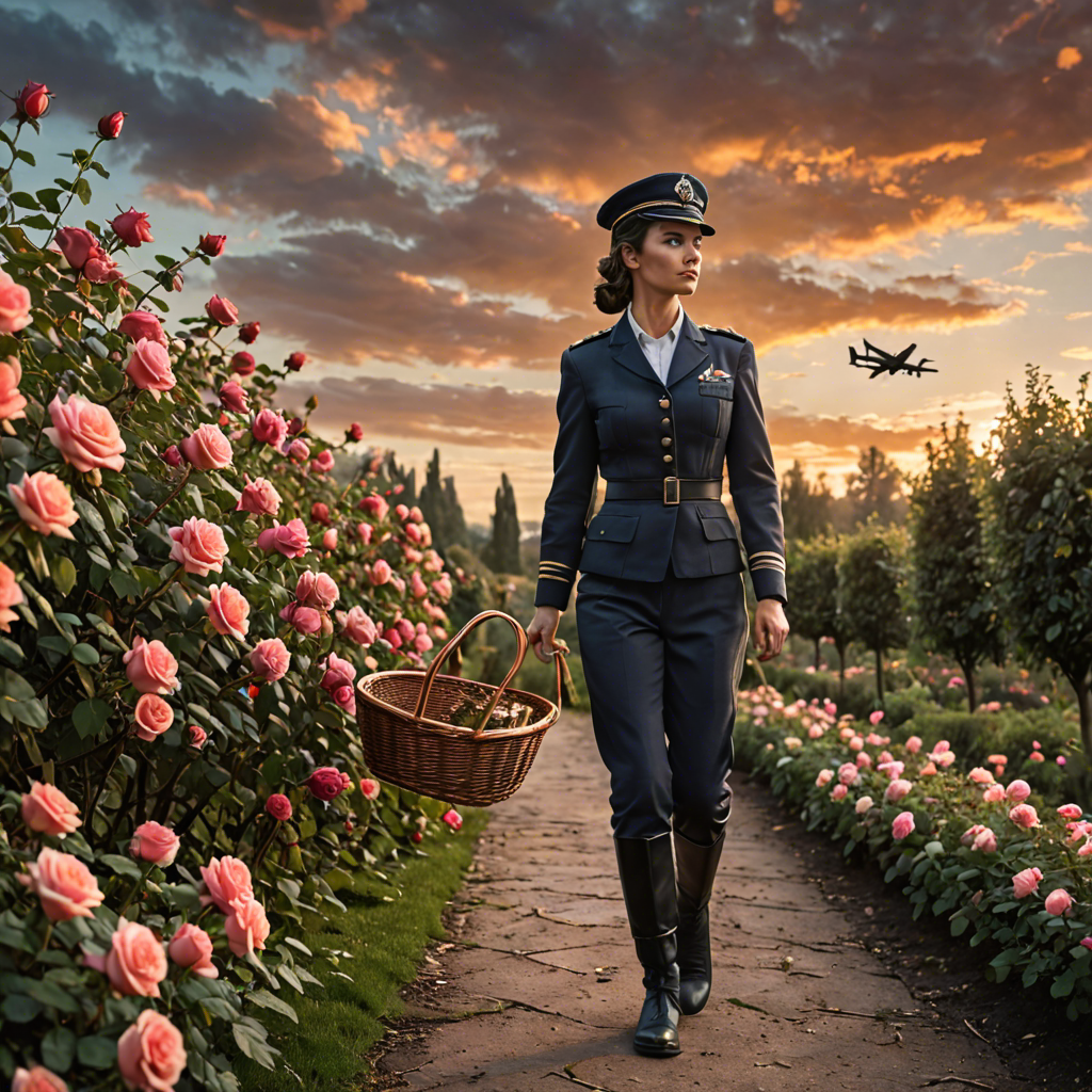a woman pilot carrying a woven basket, walking through a rose garden at dawn, dramatic sky, detailed — image 18
