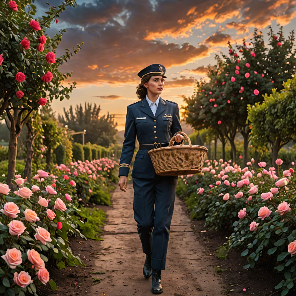 a woman pilot carrying a woven basket, walking through a rose garden at dawn, dramatic sky, detailed — image 19