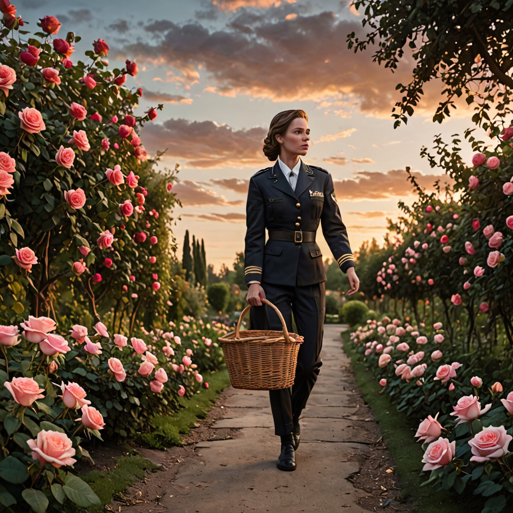a woman pilot carrying a woven basket, walking through a rose garden at dawn, dramatic sky, detailed — image 20