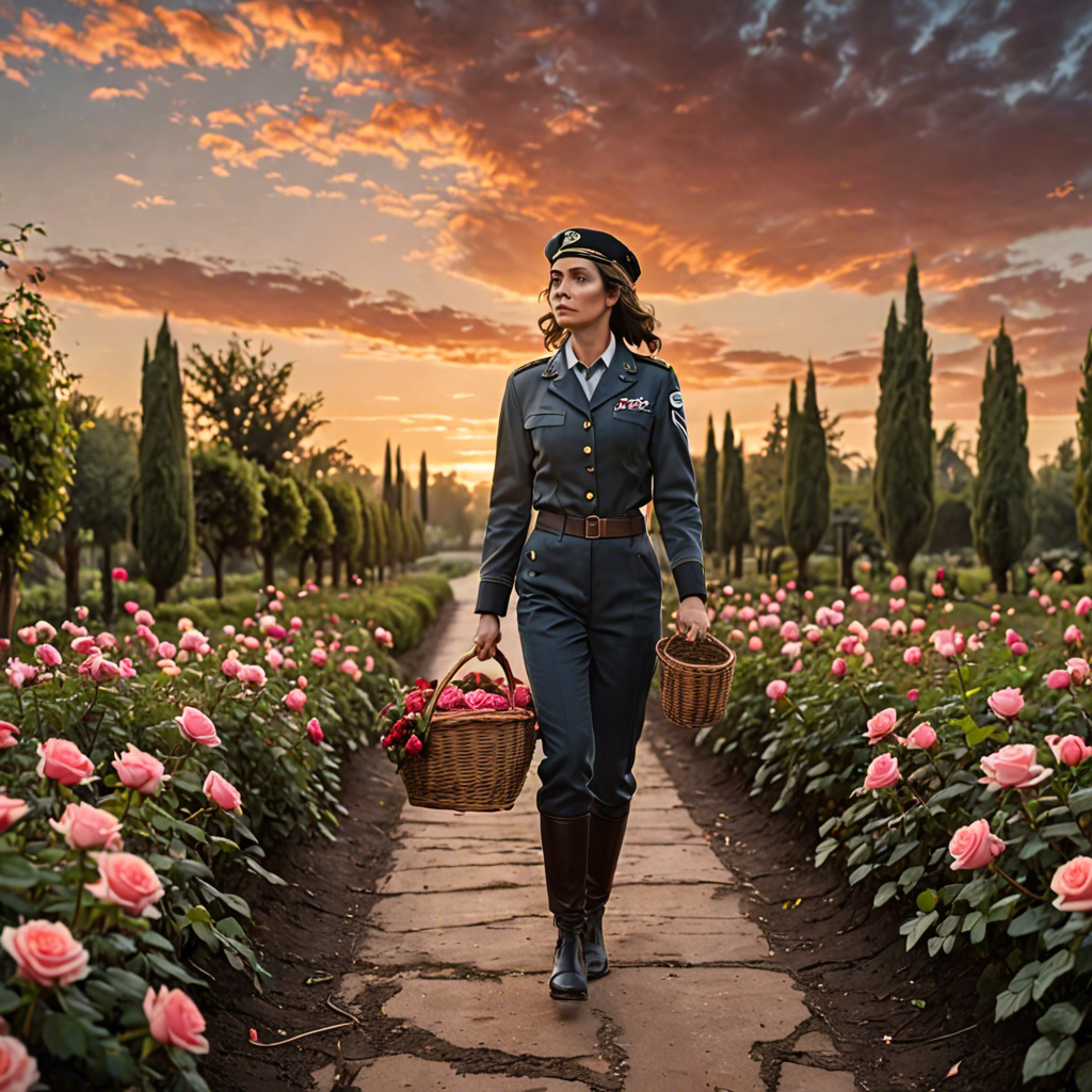 a woman pilot carrying a woven basket, walking through a rose garden at dawn, dramatic sky, detailed — image 21