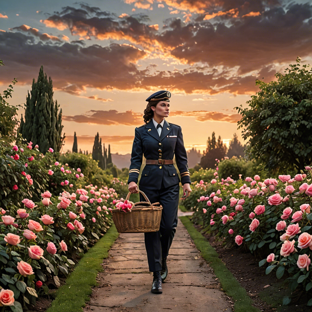 a woman pilot carrying a woven basket, walking through a rose garden at dawn, dramatic sky, detailed — image 22