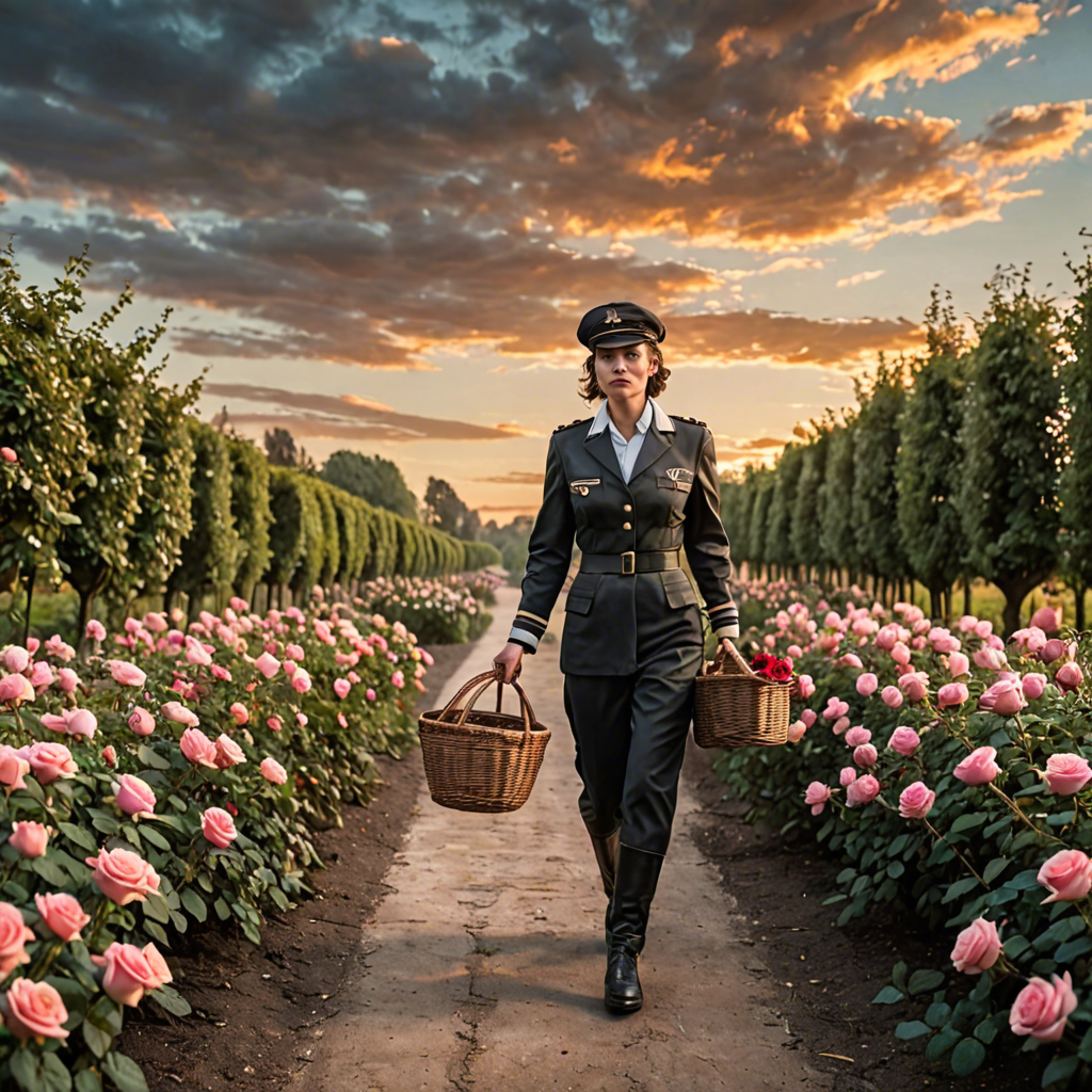 a woman pilot carrying a woven basket, walking through a rose garden at dawn, dramatic sky, detailed — image 23