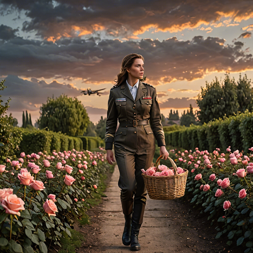 a woman pilot carrying a woven basket, walking through a rose garden at dawn, dramatic sky, detailed — image 24
