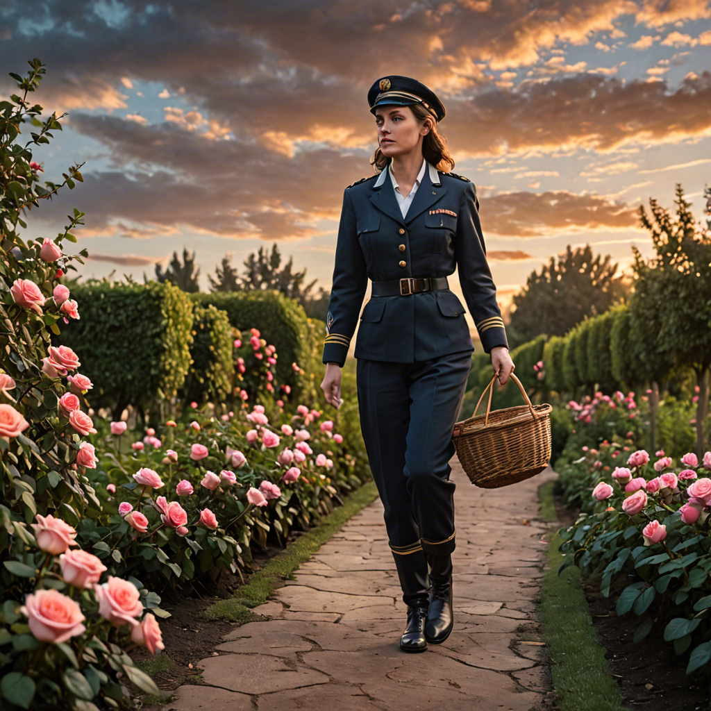 a woman pilot carrying a woven basket, walking through a rose garden at dawn, dramatic sky, detailed — image 25