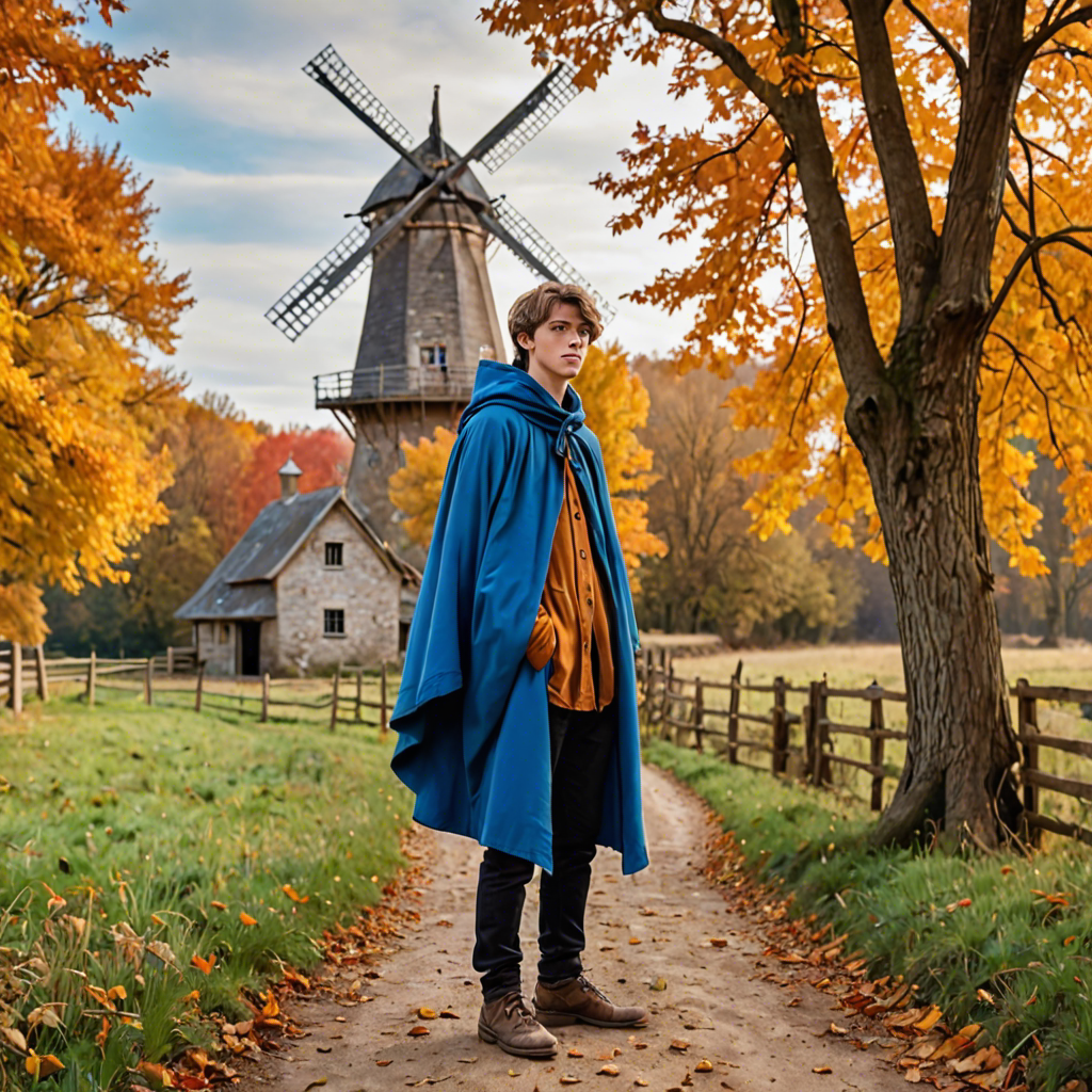 a young scholar in a flowing blue cape, standing in an old windmill in the countryside, vibrant autumn colors, detailed — image 1