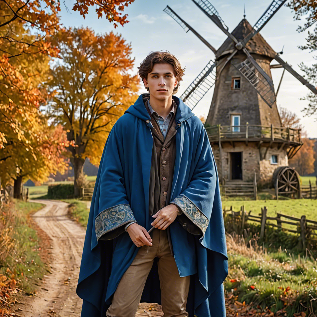 a young scholar in a flowing blue cape, standing in an old windmill in the countryside, vibrant autumn colors, detailed — image 2