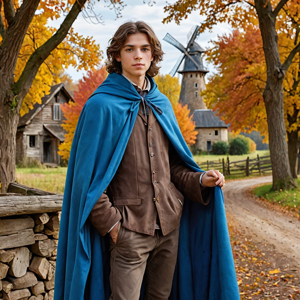 a young scholar in a flowing blue cape, standing in an old windmill in the countryside, vibrant autumn colors, detailed — image 3