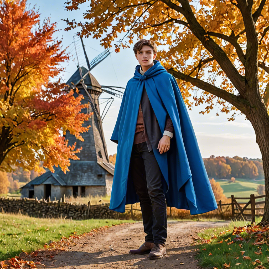 a young scholar in a flowing blue cape, standing in an old windmill in the countryside, vibrant autumn colors, detailed — image 4