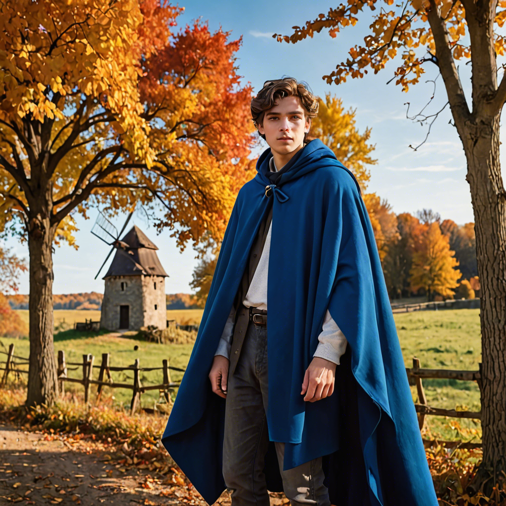 a young scholar in a flowing blue cape, standing in an old windmill in the countryside, vibrant autumn colors, detailed — image 5