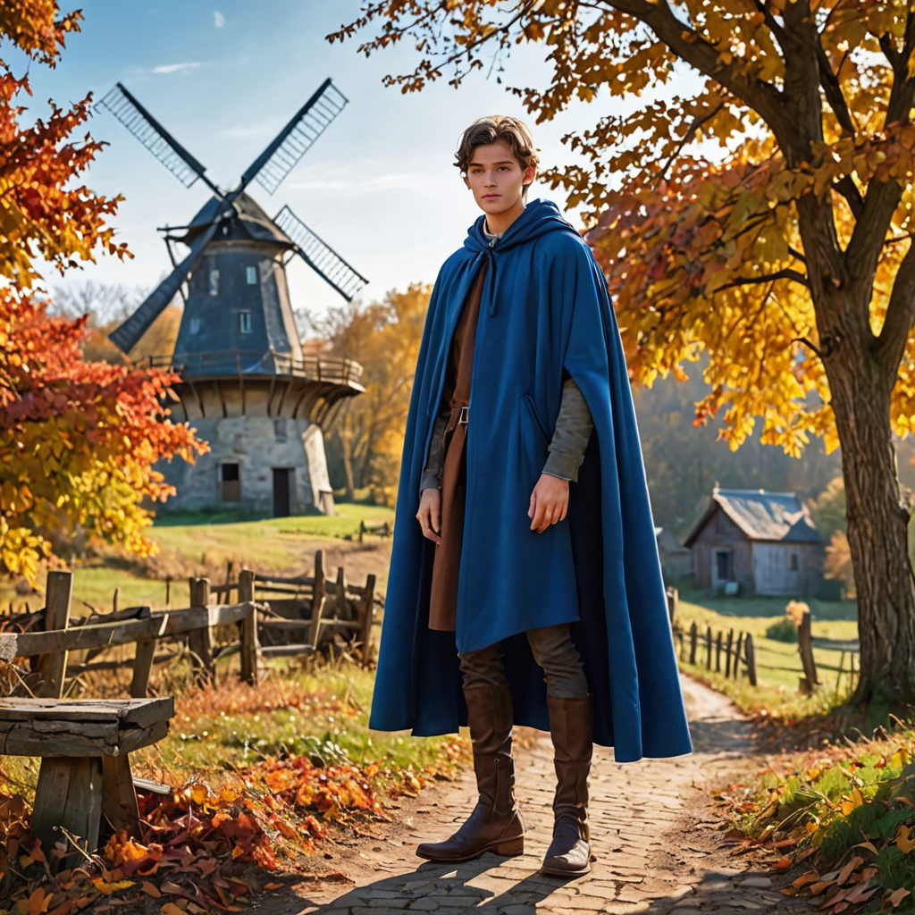 a young scholar in a flowing blue cape, standing in an old windmill in the countryside, vibrant autumn colors, detailed — image 6