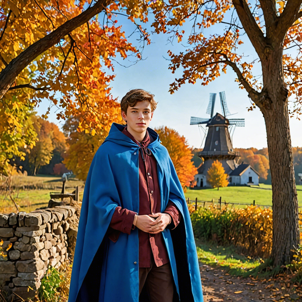a young scholar in a flowing blue cape, standing in an old windmill in the countryside, vibrant autumn colors, detailed — image 7