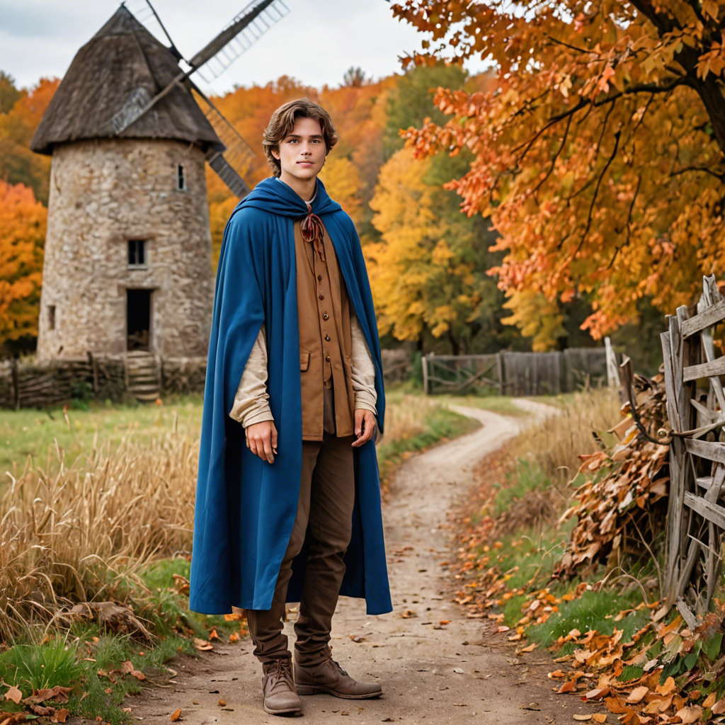 a young scholar in a flowing blue cape, standing in an old windmill in the countryside, vibrant autumn colors, detailed — image 8