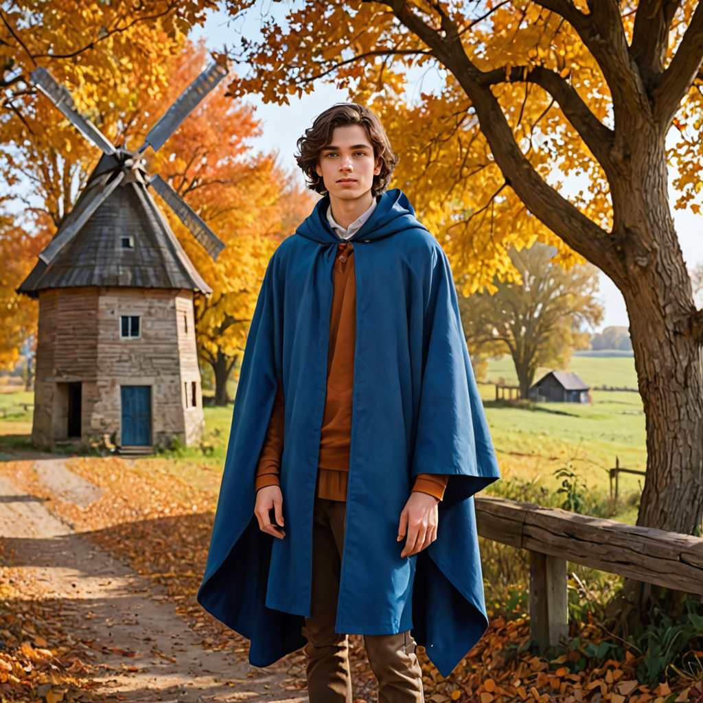 a young scholar in a flowing blue cape, standing in an old windmill in the countryside, vibrant autumn colors, detailed — image 9