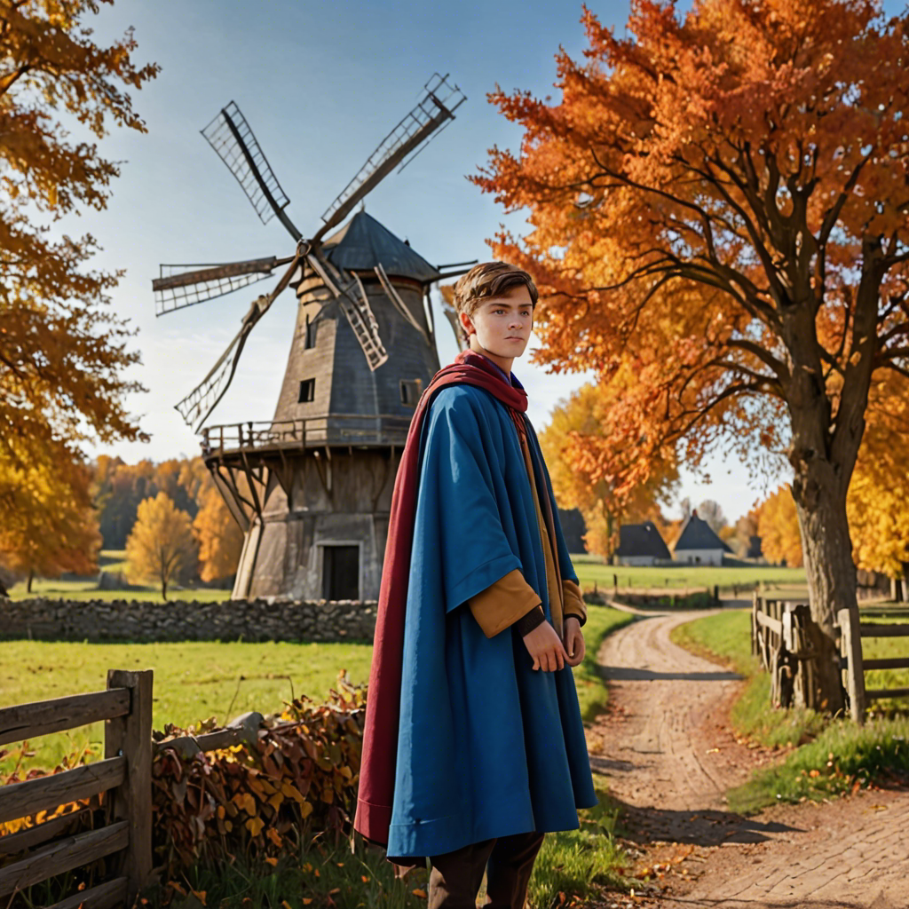a young scholar in a flowing blue cape, standing in an old windmill in the countryside, vibrant autumn colors, detailed — image 10