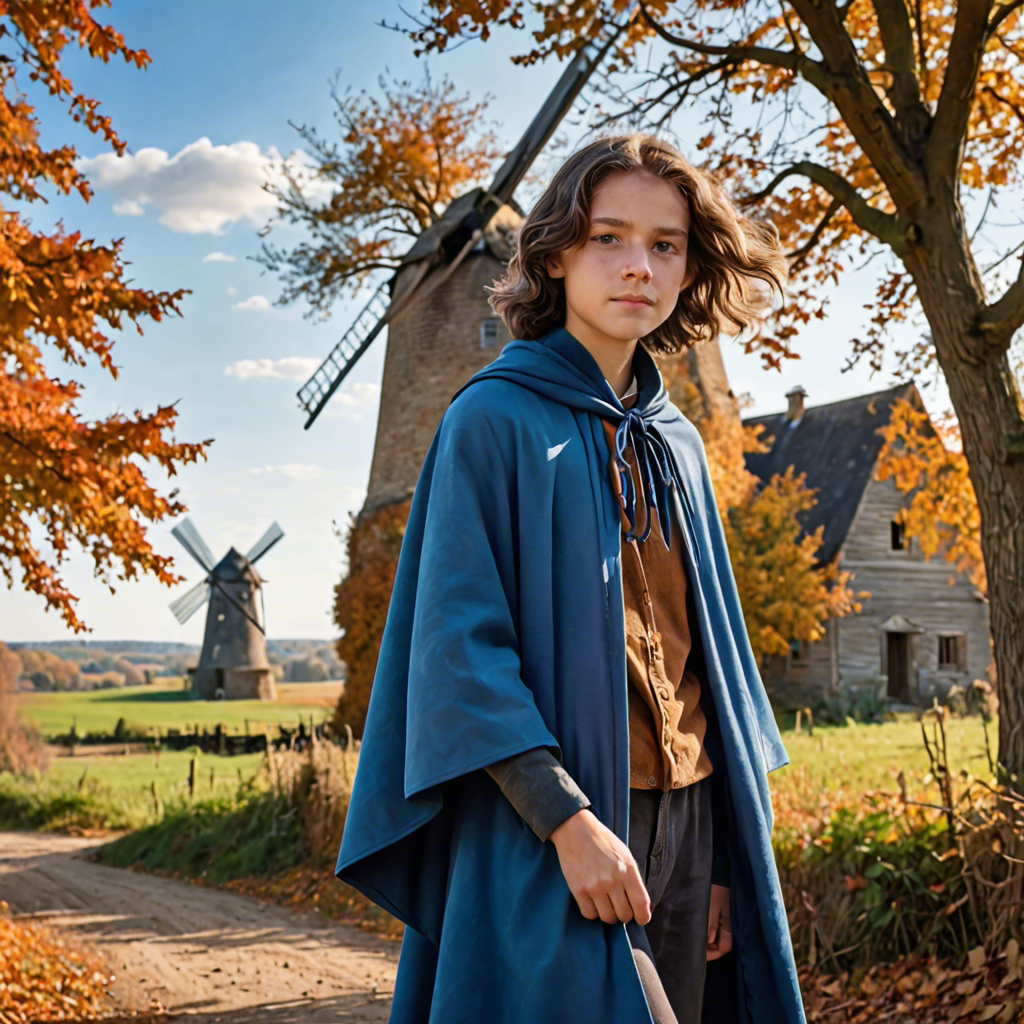a young scholar in a flowing blue cape, standing in an old windmill in the countryside, vibrant autumn colors, detailed — image 11